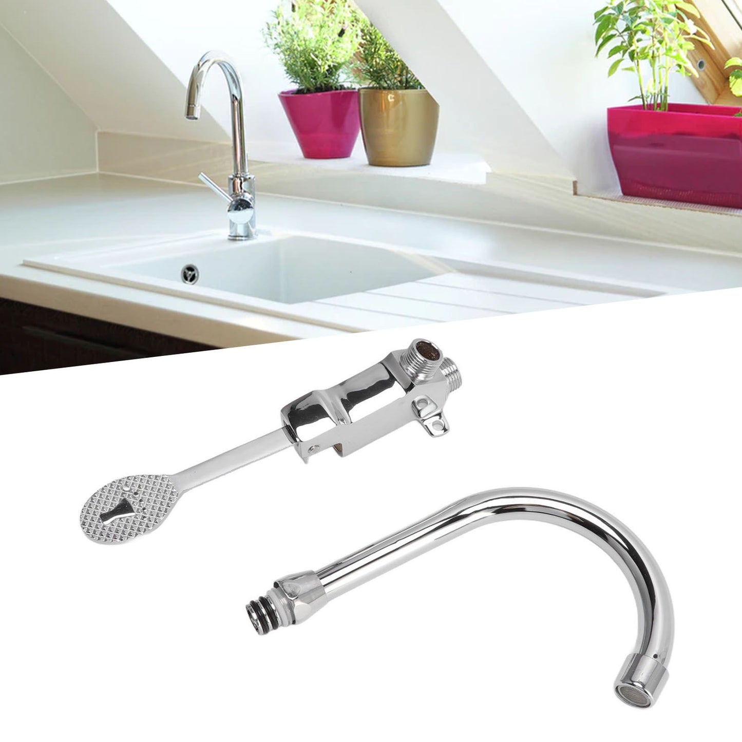 Foot Pedal Faucet Set Stainless Steel Hands Free Silver Touchless Floor Mount Foot Control Water Tap Kit