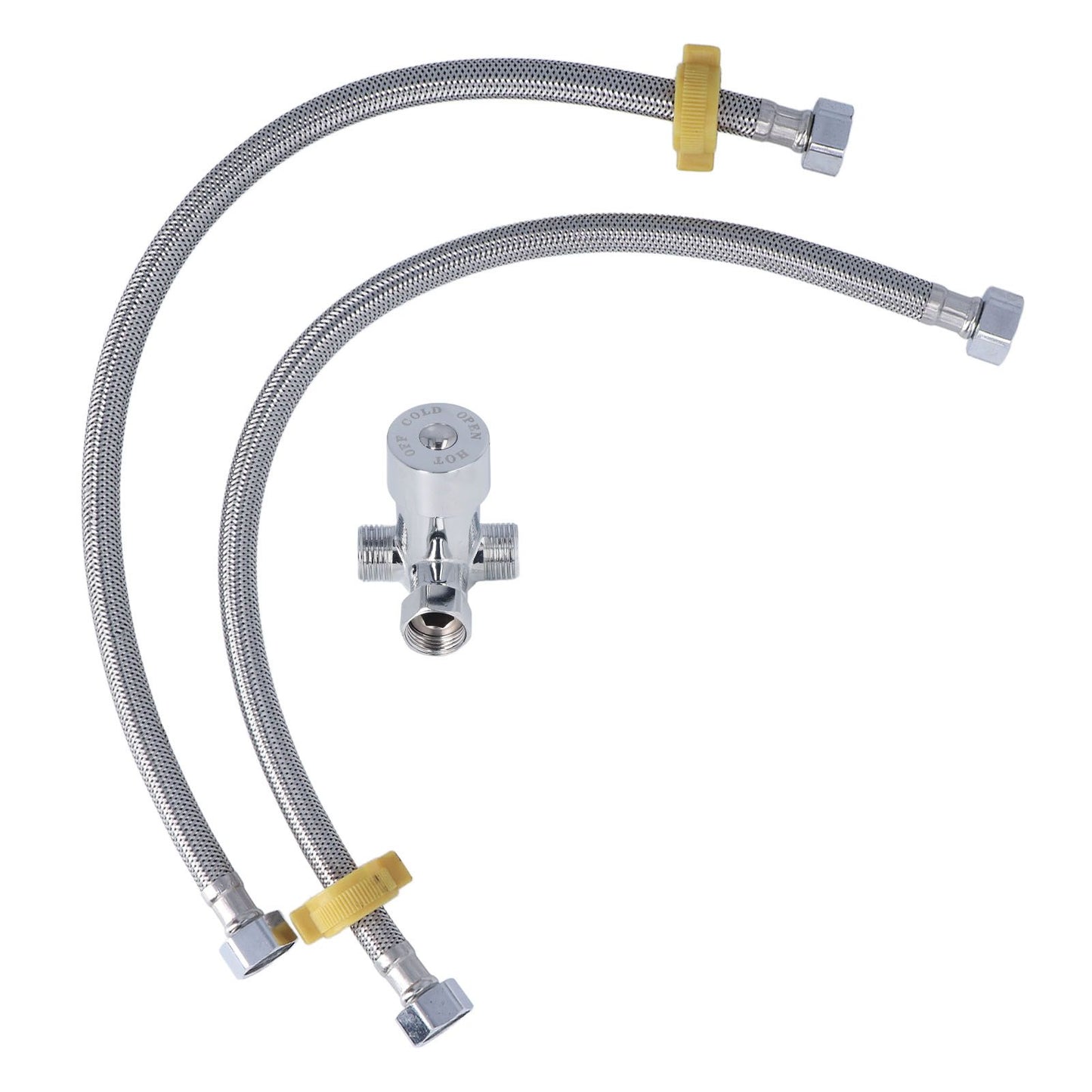 G1/2 Thread Thermostatic Mixer Valve Stainless Steel Hot Cold Water Mixing Tempered Valve with Dual Hoses for Pedal Control Tap