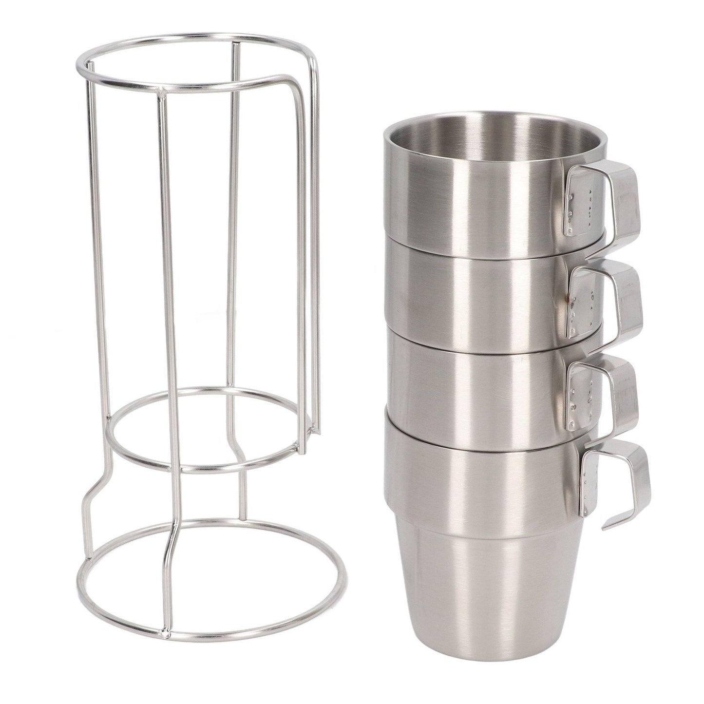 Stainless Steel Camping Cup Set of 4 Double Layer Coffee Mugs with Stand Holder Stackable Outdoor Cups for Picnic