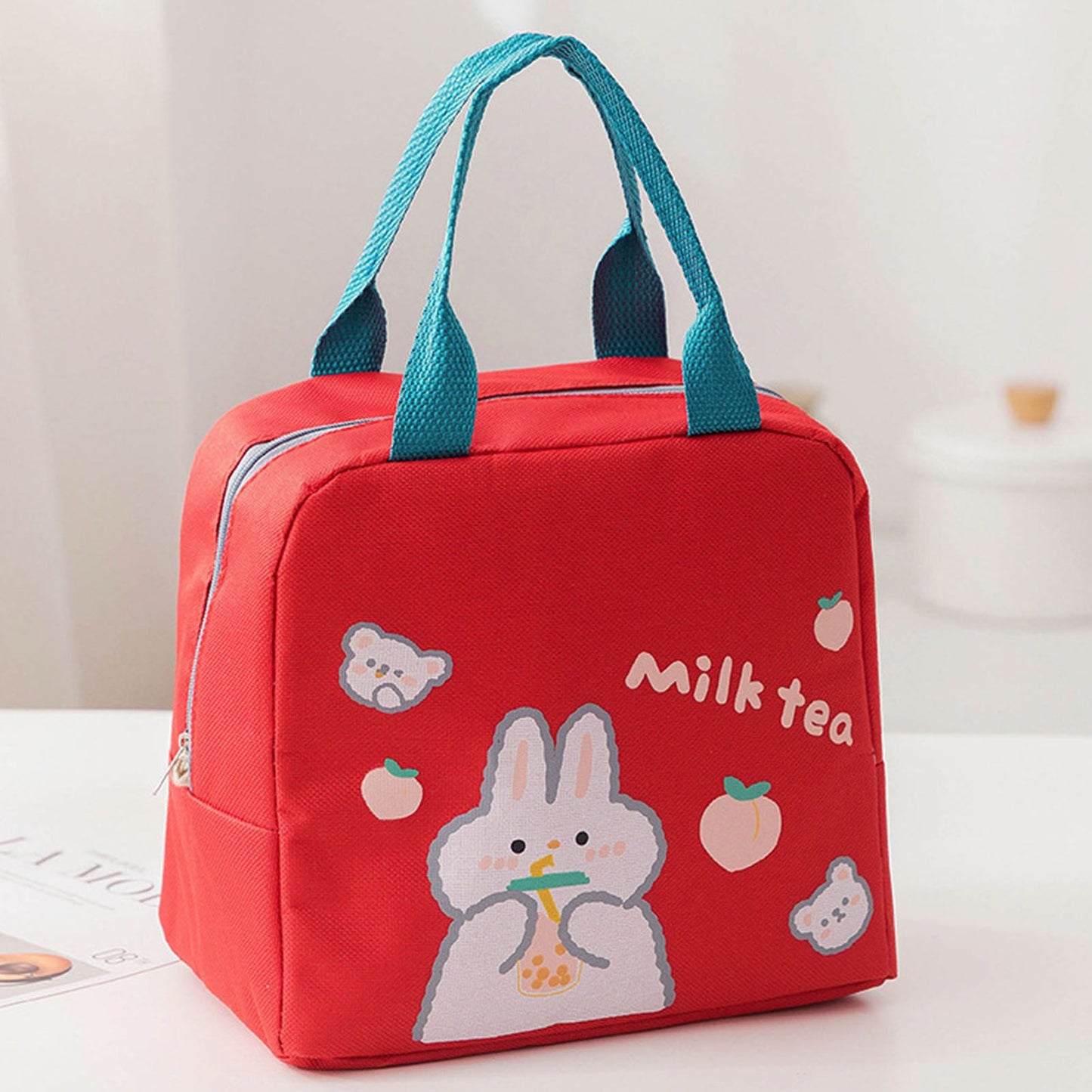 Lunch Bag Cartoon Style Zipper Widened Handle Oxford Cloth Aluminum Film Portable Lunchbox Bag for Student Red