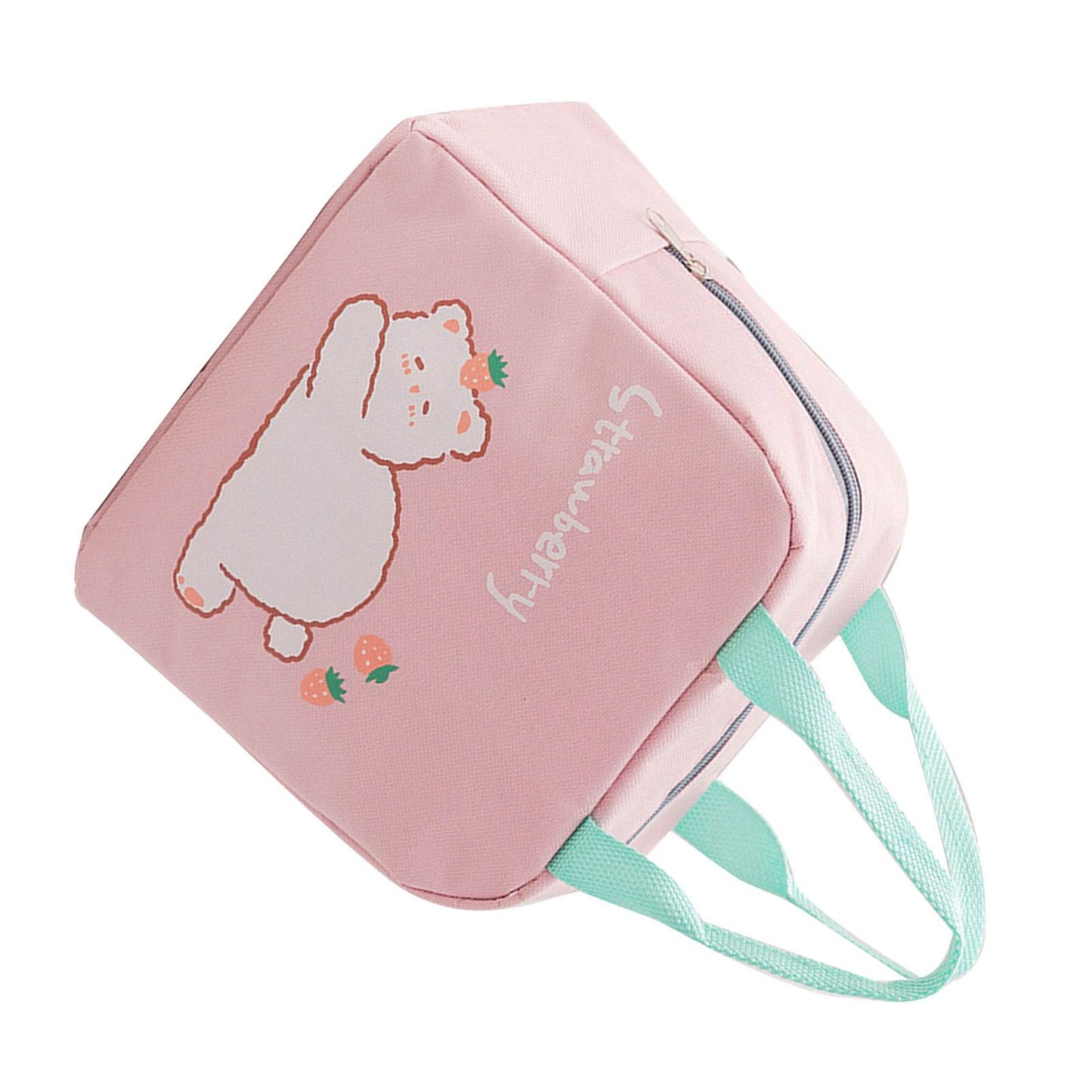 Lunch Bag Cartoon Style Zipper Widened Handle Oxford Cloth Aluminum Film Portable Lunchbox Bag for Student Pink