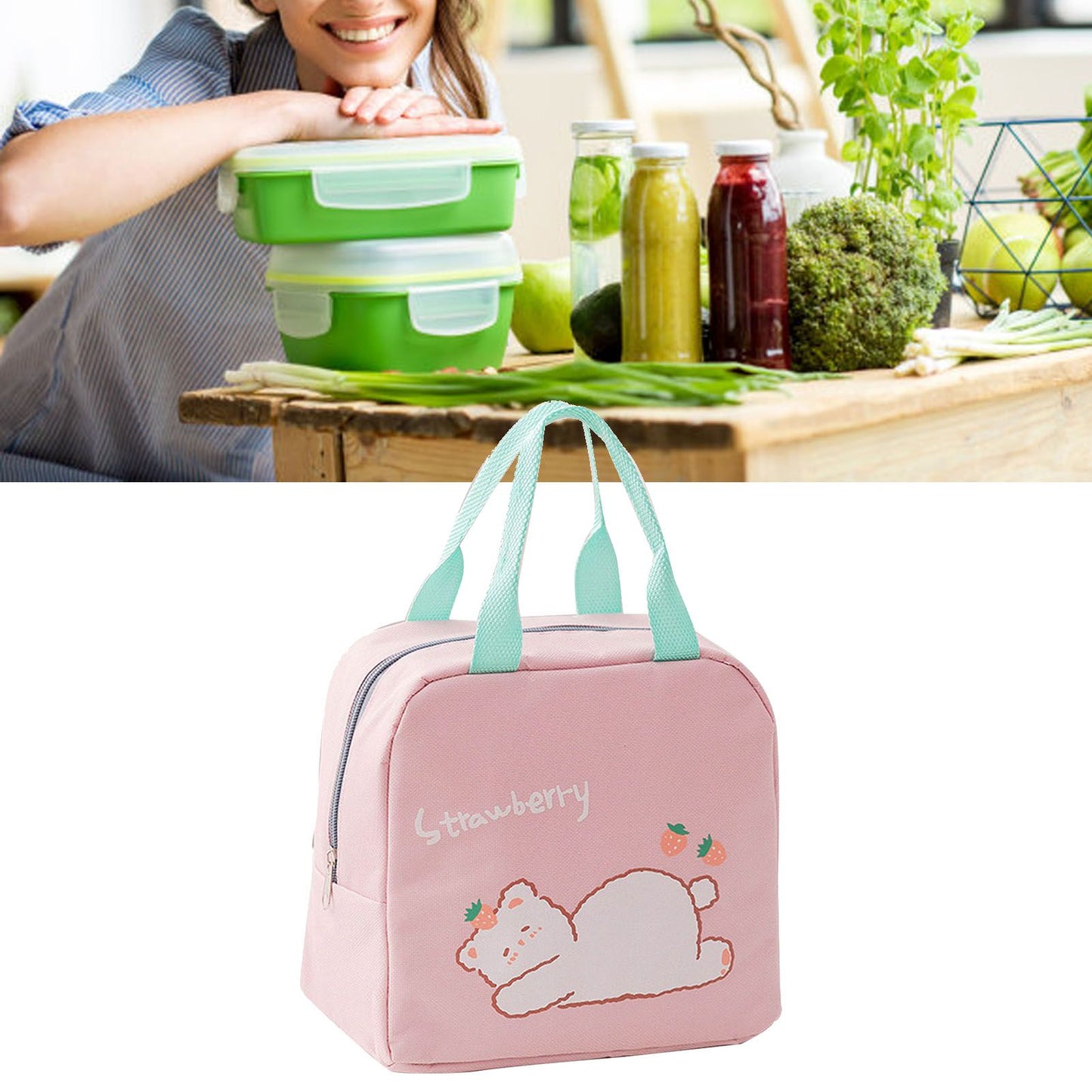 Lunch Bag Cartoon Style Zipper Widened Handle Oxford Cloth Aluminum Film Portable Lunchbox Bag for Student Pink