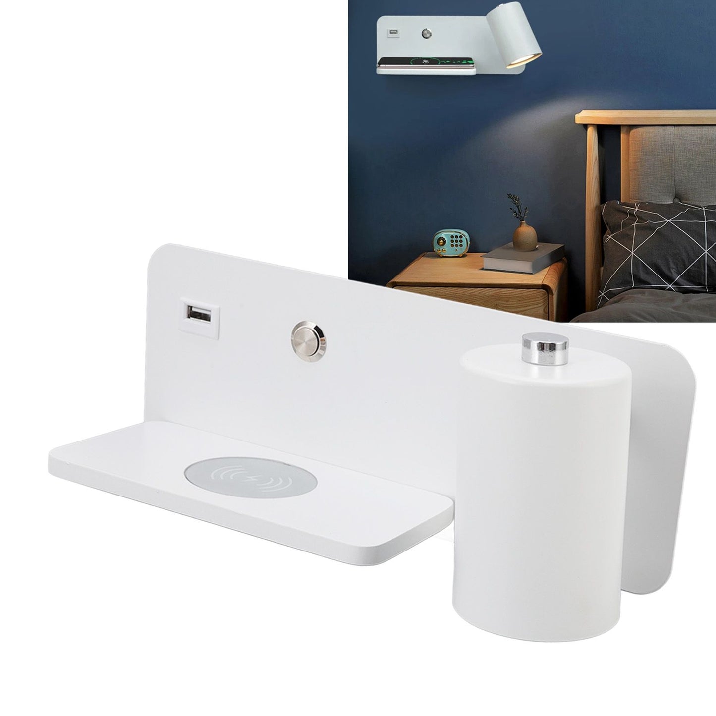 LED Wall Light USB Interface Wireless Charging LED Wall Lamp for Living Room Bedroom 85‑265V White Right