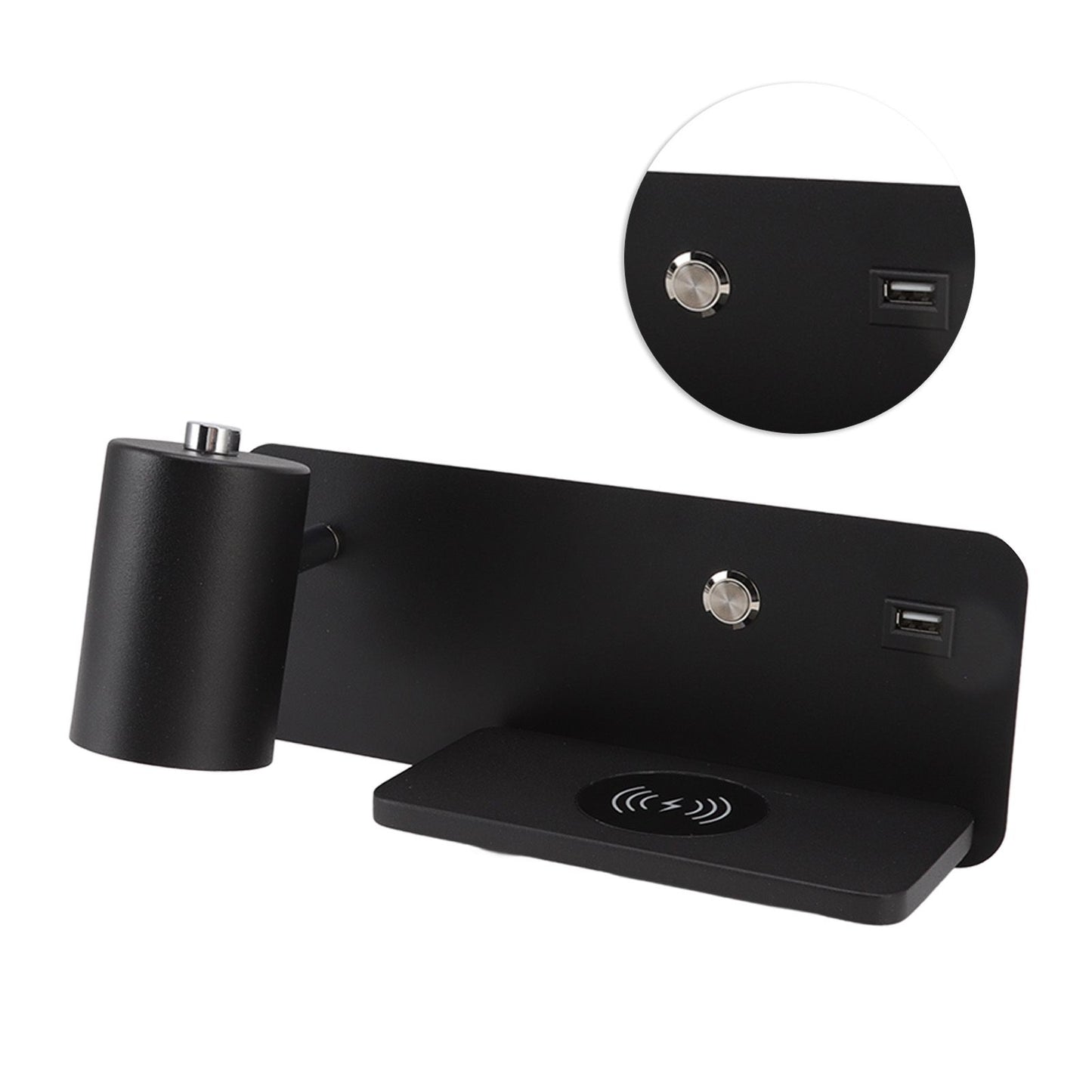 LED Wall Light USB Interface Wireless Charging LED Wall Lamp for Living Room Bedroom 85‑265V Black Left