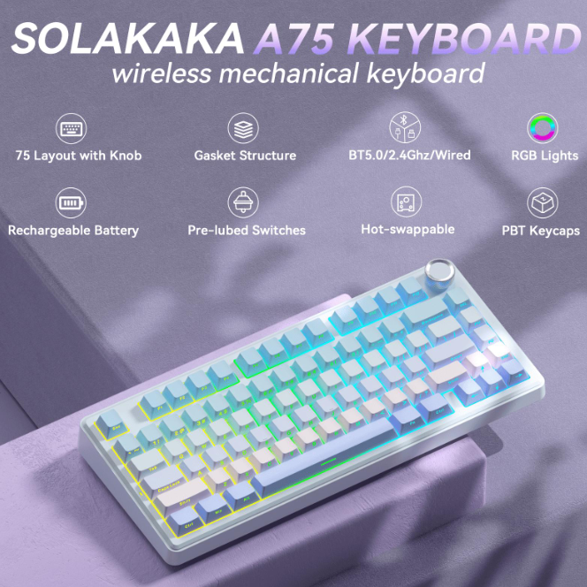Solakaka A75 3-Mode RGB Mechanical Keyboard, Hot-Swappable Greywood V3 Switch,Blue‑Purple