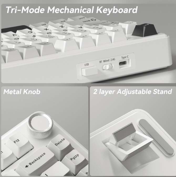 Solakaka A75 3-Mode RGB Mechanical Keyboard, Hot-Swappable Greywood V3 Switch,White-Gray