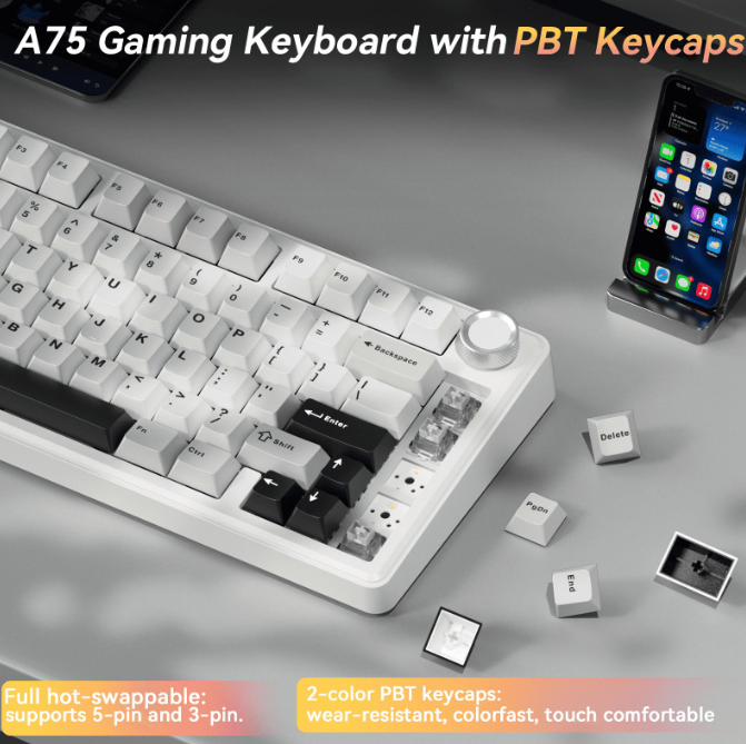 Solakaka A75 3-Mode RGB Mechanical Keyboard, Hot-Swappable Greywood V3 Switch,White-Gray
