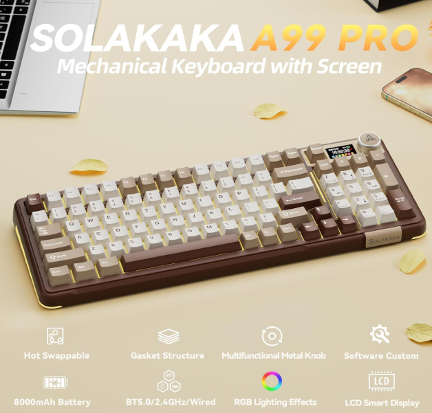 Solakaka A99PRO 3‑Mode RGB Mechanical Keyboard, Hot‑Swappable Sagittarius Switch,Milk-Coffee-Brown