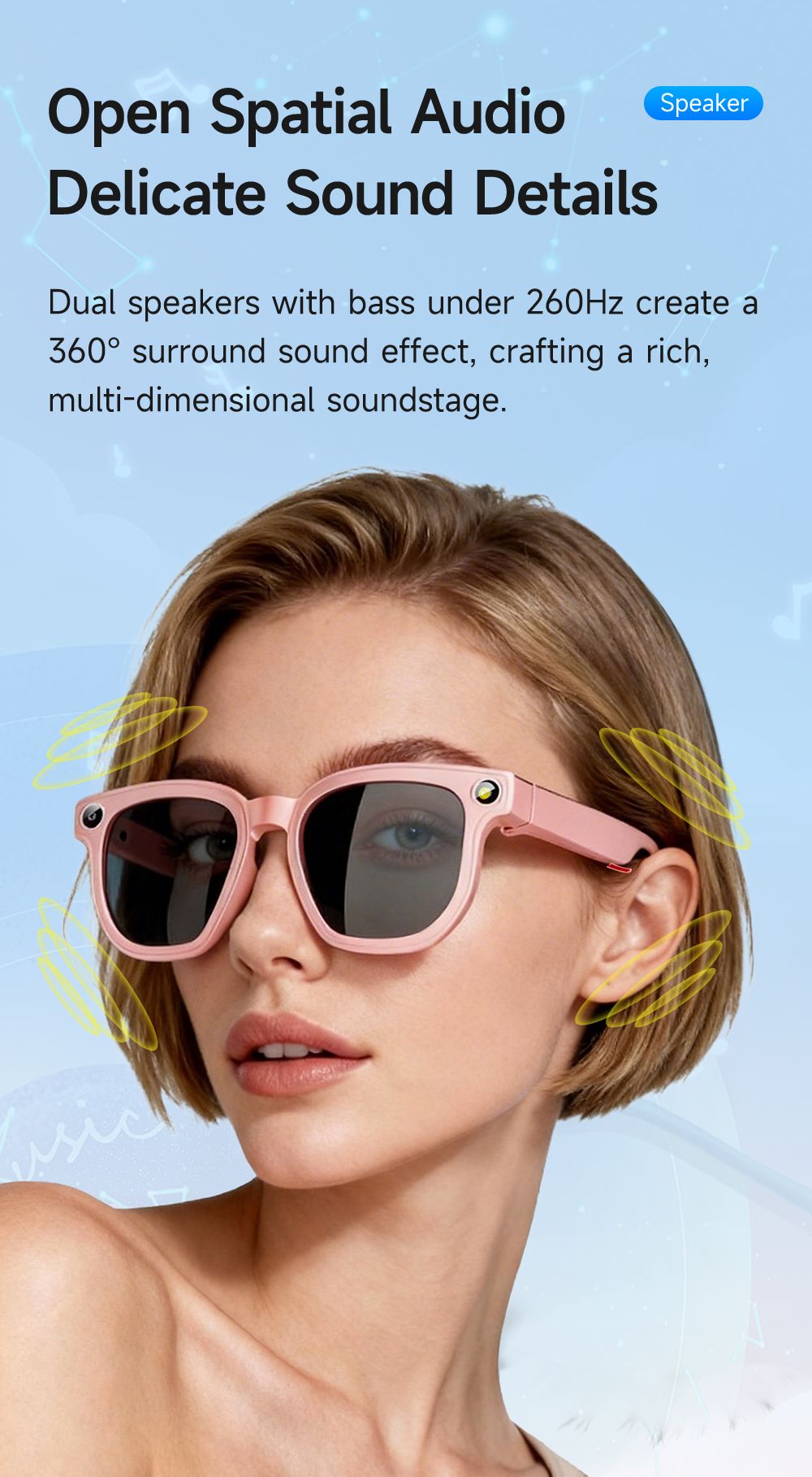 Dth03 AI Smart Sunglasses, UV400 Protection Bluetooth Call Audio Glasses，pink