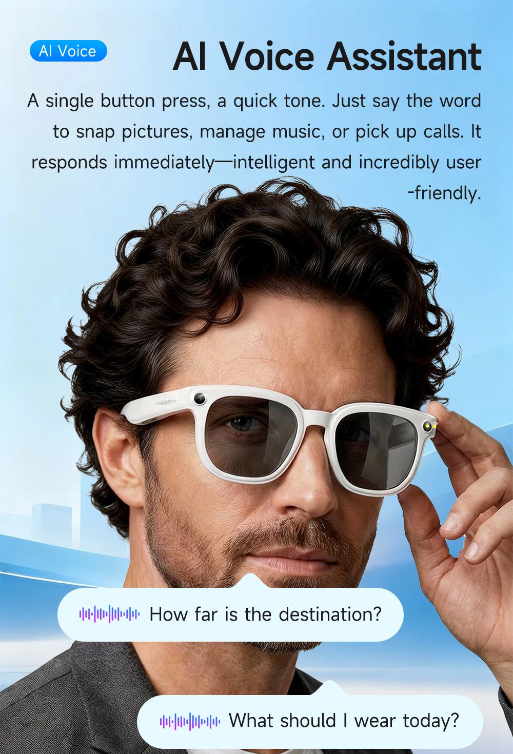 Dth03 AI Smart Sunglasses, UV400 Protection Bluetooth Call Audio Glasses，white