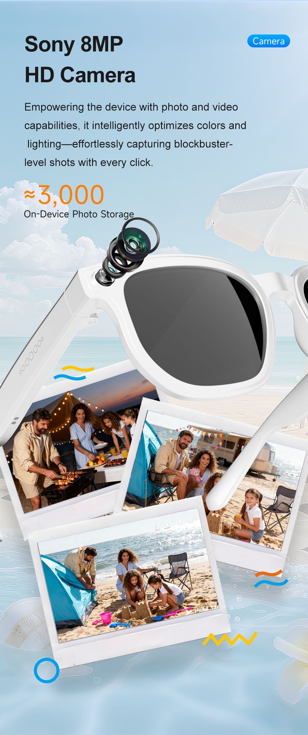 Dth03 AI Smart Sunglasses, UV400 Protection Bluetooth Call Audio Glasses，white
