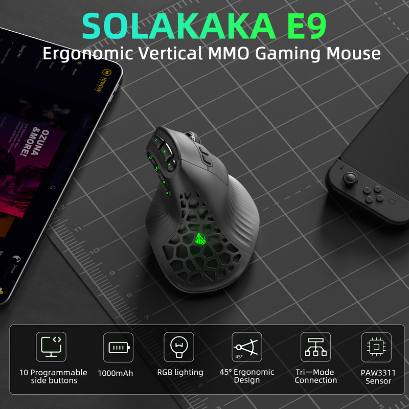 Solakaka E9 3 Mode Vertical Ergonomic Mouse, Bluetooth 5.3 USB 2.4G Wired Tri-Mode Rechargeable Wireless Vertical Mouse,black