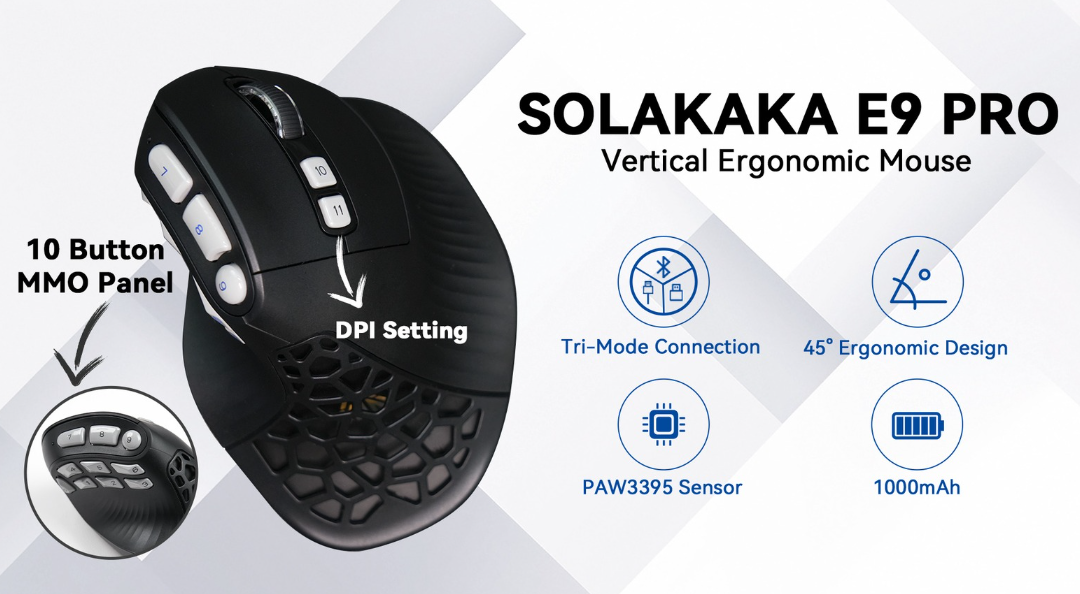 Solakaka E9PRO Tri‑Mode Vertical Ergonomic MMO Gaming Mouse, 10 Programmable Side Buttons, RGB Backlit Rechargeable Wireless Mouse,Black-Gray