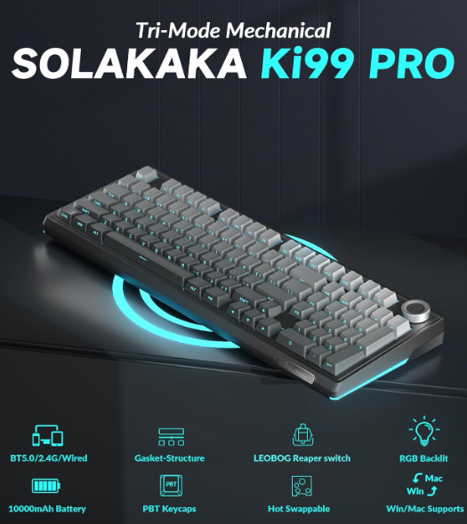 Solakaka Ki99pro 3‑Mode RGB Mechanical Keyboard,  Gradient-Gray