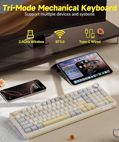 Solakaka Ki99pro 3‑Mode RGB Mechanical Keyboard,  Orange-White
