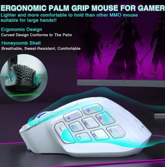 SM809pro Tri-Mode MM0 Wireless Gaming Mouse, Adjustable DPI RGB Backlight,white