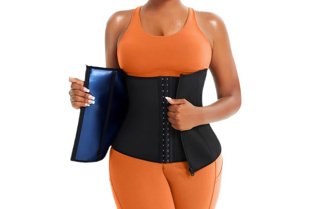 Women's Workout Waist Trainer - 3-Row Hook & Zip Slimming Belt for Yoga & Fitness - Blue & L