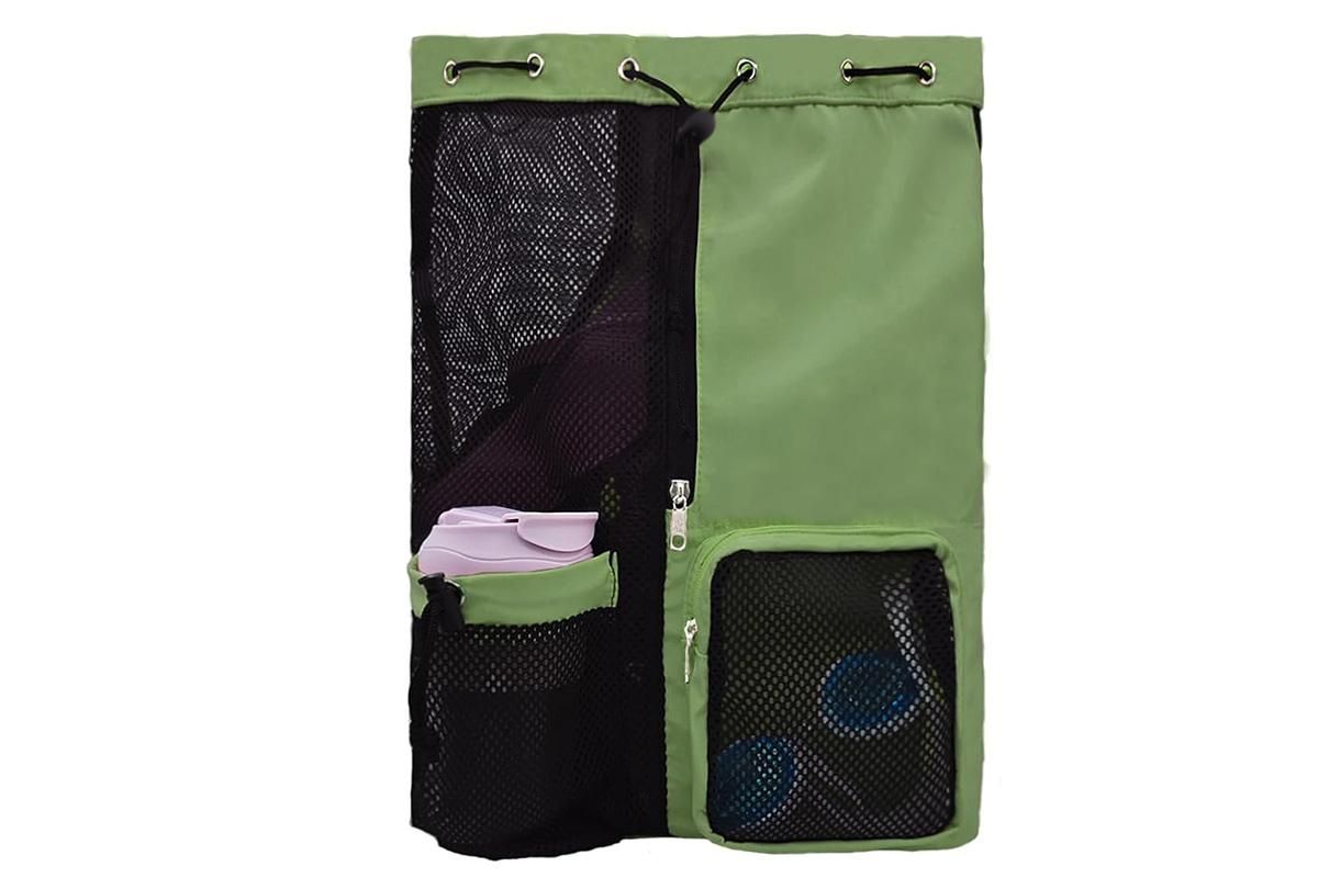 Mesh Beach Backpack with Wet Pocket Drawstring Waterproof Swimming Gym Bag for Men Women - Green