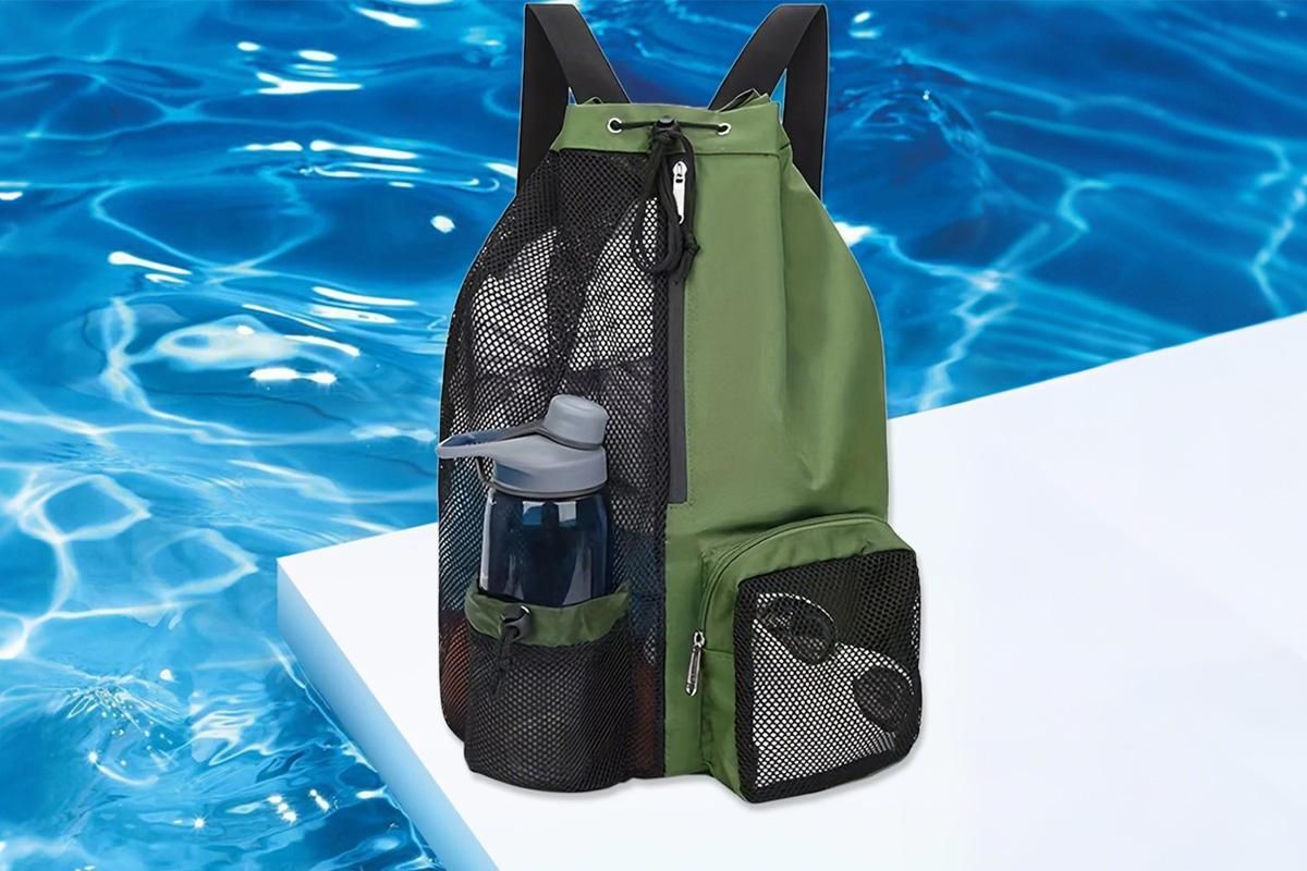 Mesh Beach Backpack with Wet Pocket Drawstring Waterproof Swimming Gym Bag for Men Women - Green