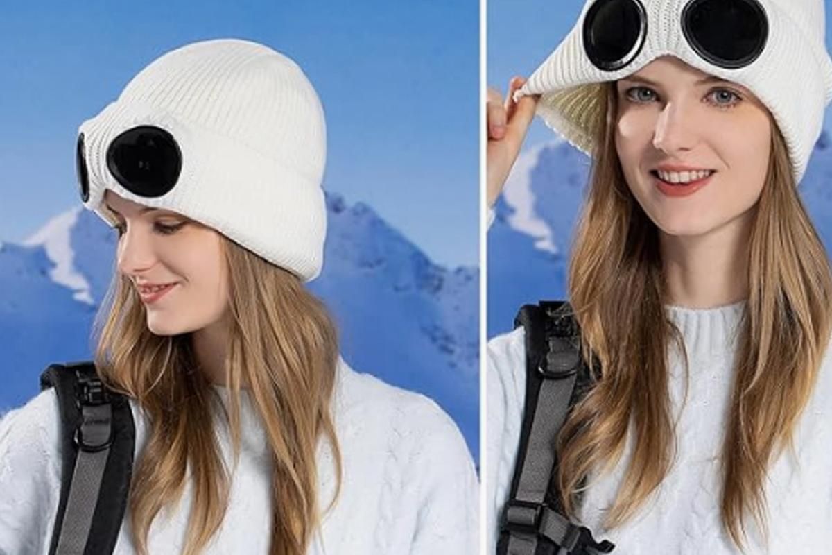 Winter Ski Hat with Goggles - Thermal Knit Beanie for Men & Women - White