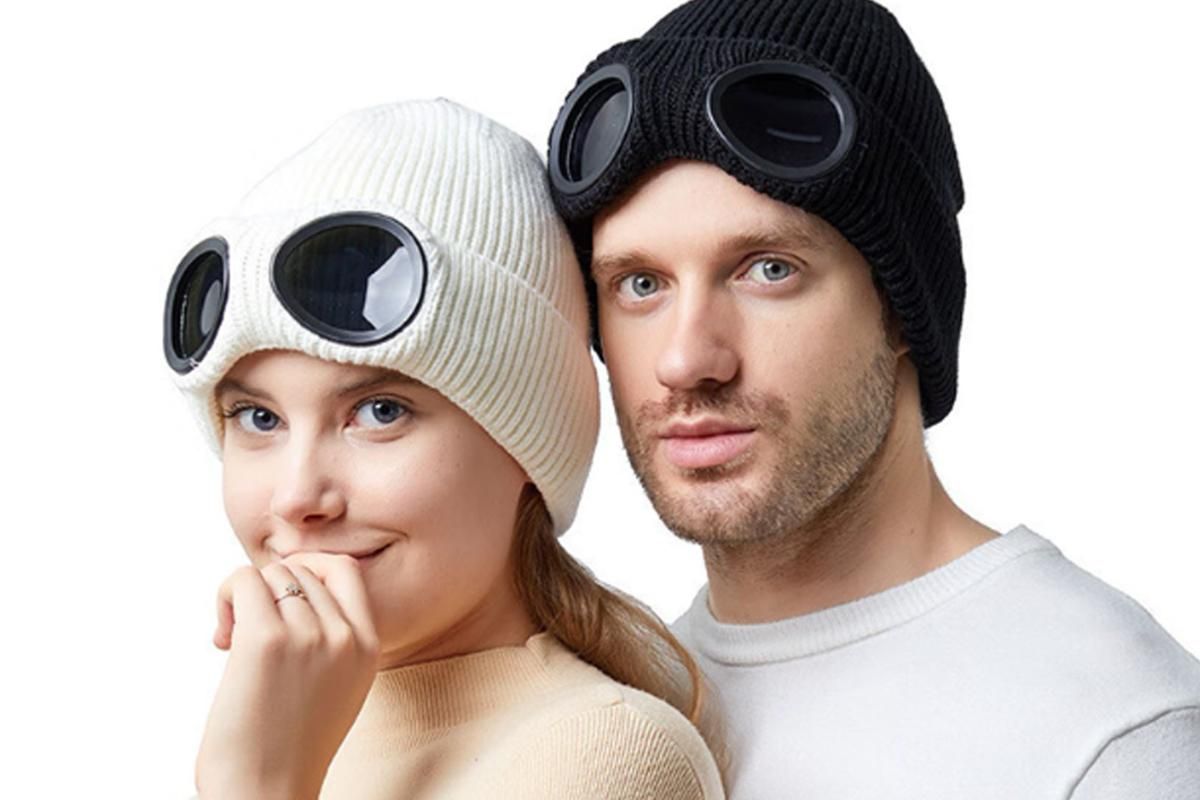 Winter Ski Hat with Goggles - Thermal Knit Beanie for Men & Women - White