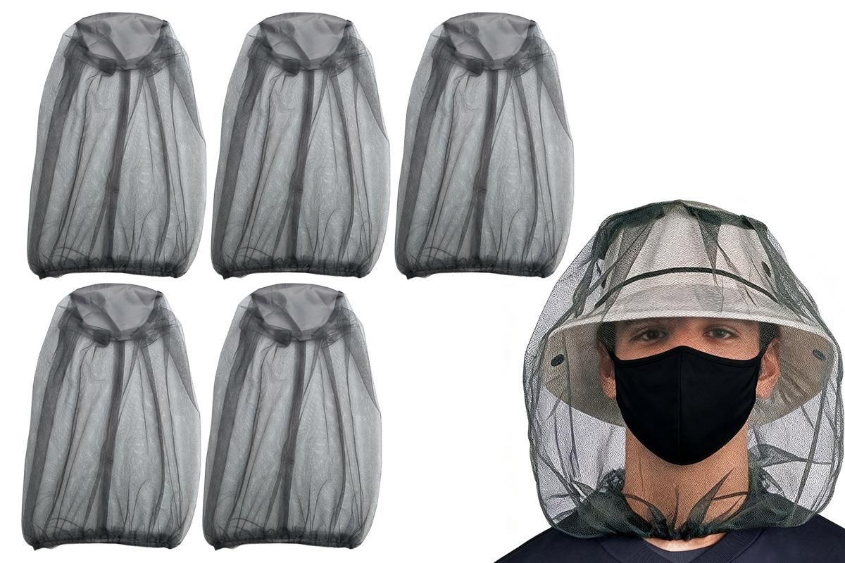 5Pcs Mosquito Head Net Bug Net Hat for Camping Hiking Fishing Gardening - Army Green