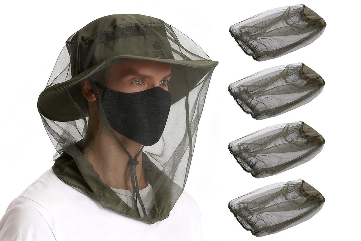 5Pcs Mosquito Head Net Bug Net Hat for Camping Hiking Fishing Gardening - Light Gray