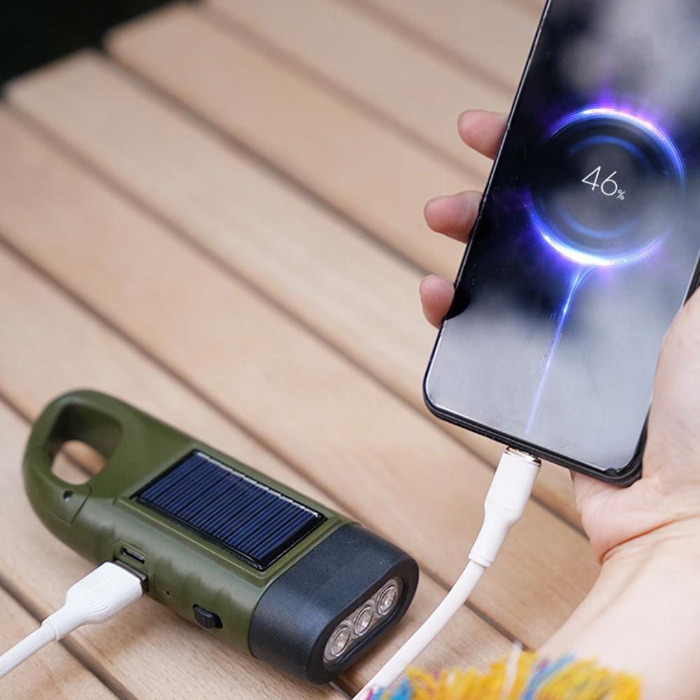 Hand Crank Solar Powered Emergency LED Flashlight - Rechargeable Light Military Green
