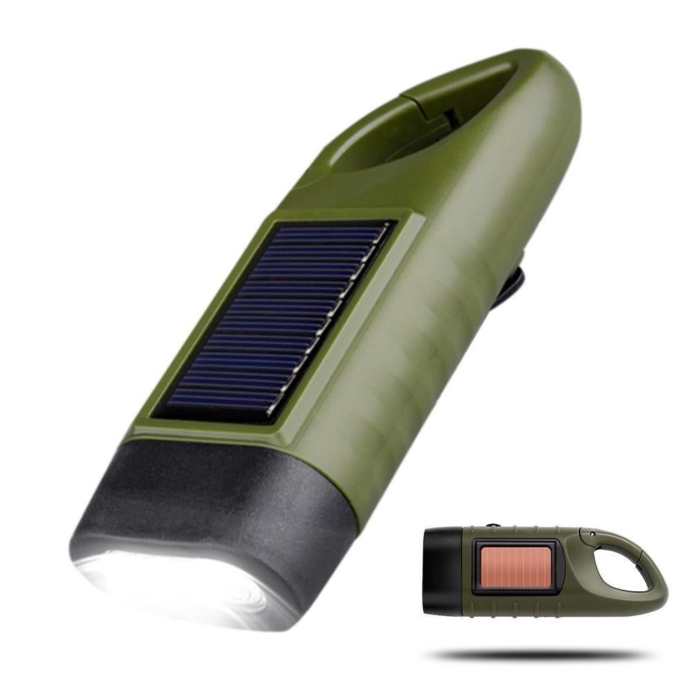 Hand Crank Solar Powered Emergency LED Flashlight - Rechargeable Light Military Green