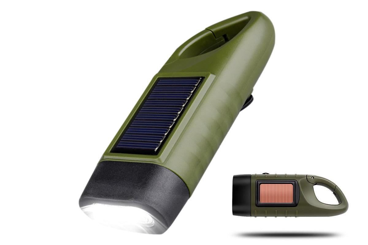 Hand Crank Solar Powered Emergency LED Flashlight - Rechargeable Light Military Green