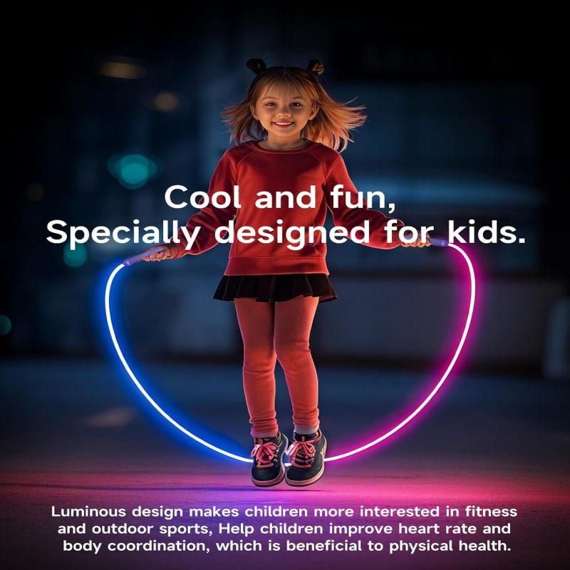 LED Light-Up Jump Rope for Boys Girls - Adjustable Glow-in-the-Dark Skipping Rope Black