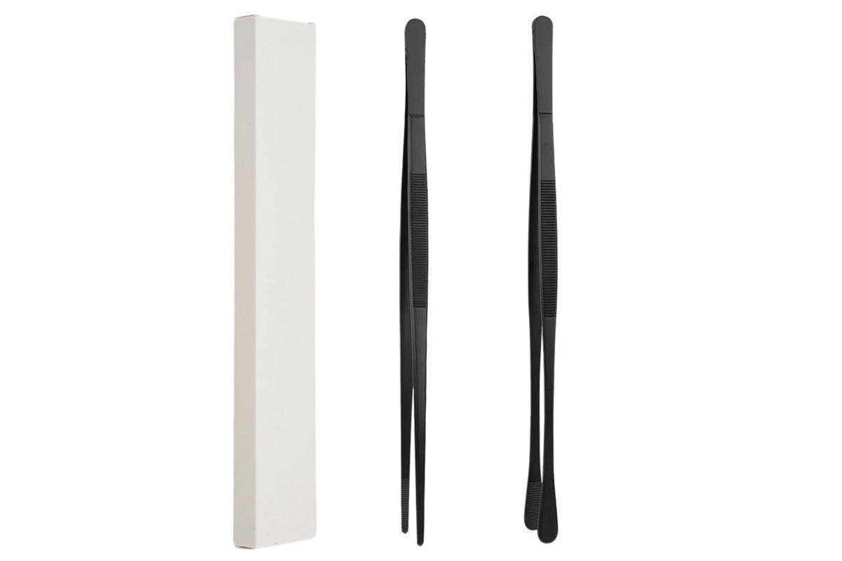 2 Pack 30cm BBQ Tongs Stainless Steel Round and Straight Head for Grilling Cooking - Black