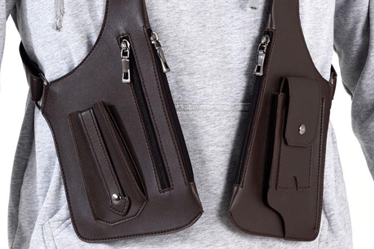 Outdoor Double Shoulder Armpit Bag with Multiple Pockets - Brown