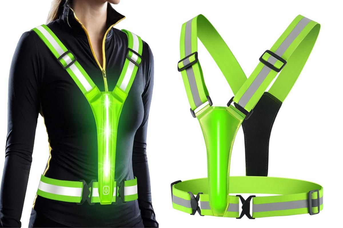 LED Reflective Vest Running Gear USB Rechargeable LED Light Up Vest High Visibility with Adjustable Waist and Shoulde for Night Walking Cycling, High Visibility Running Vest with Reflective Strips -Blue