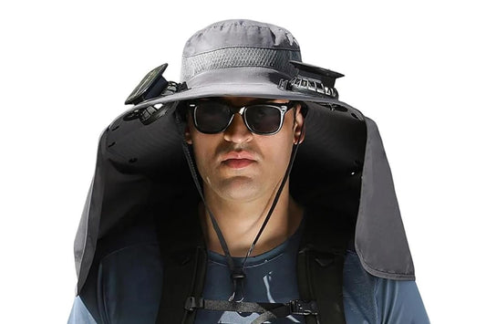 Outdoor Wide Brim Sun Hat With 2 Solar Fans Fishing And Beach Hat With Built In Fan -Dark Grey