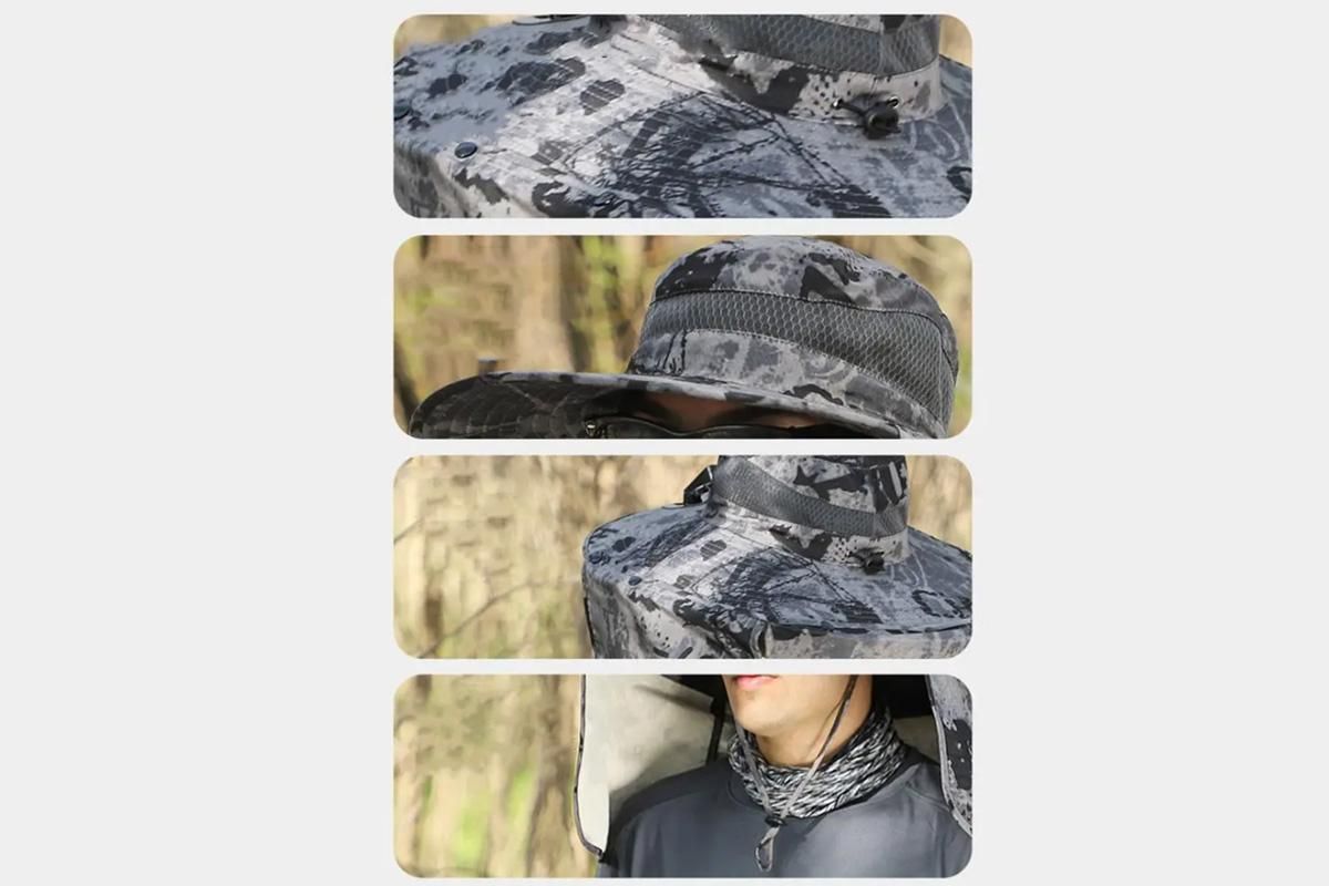 Outdoor Wide Brim Sun Hat With 2 Solar Fans Fishing And Beach Hat With Built In Fan -Patterned Grey