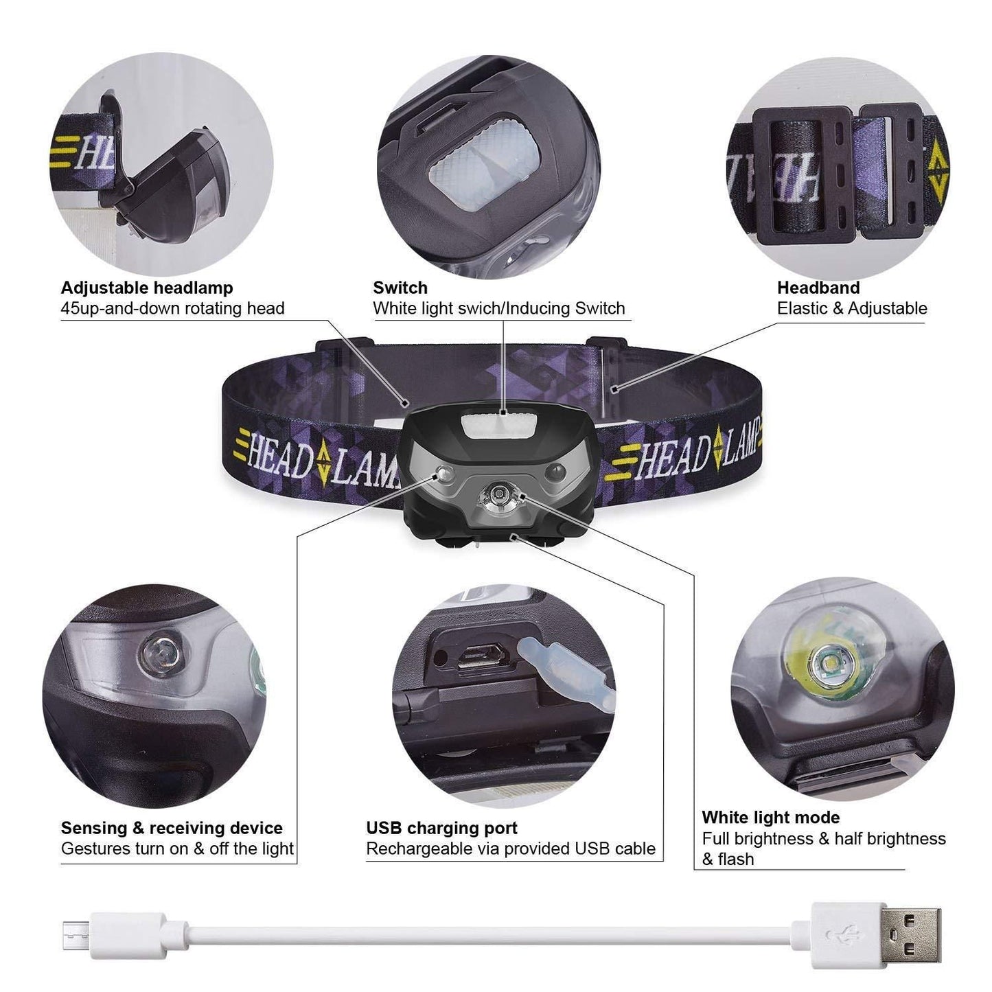 Headlamp Flashlight USB Rechargeable 1200 mAh Super Bright White LED Waterproof Bright Flashlight for Outdoors (2 Pack)