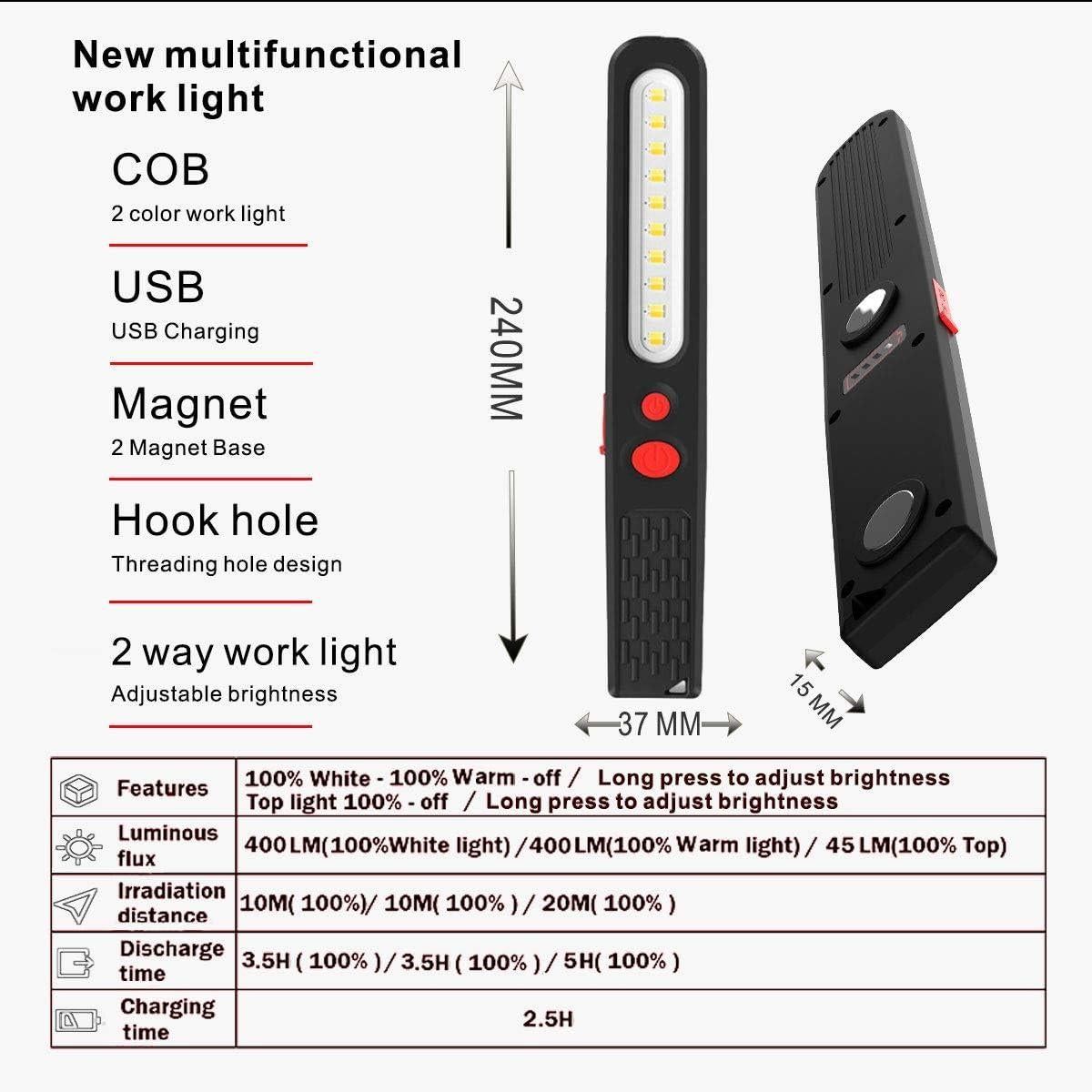 Rechargeable LED Work Light, Dual Color Combo Light 2 in 1 Inspection Light and 3W COB LED Torch Lam