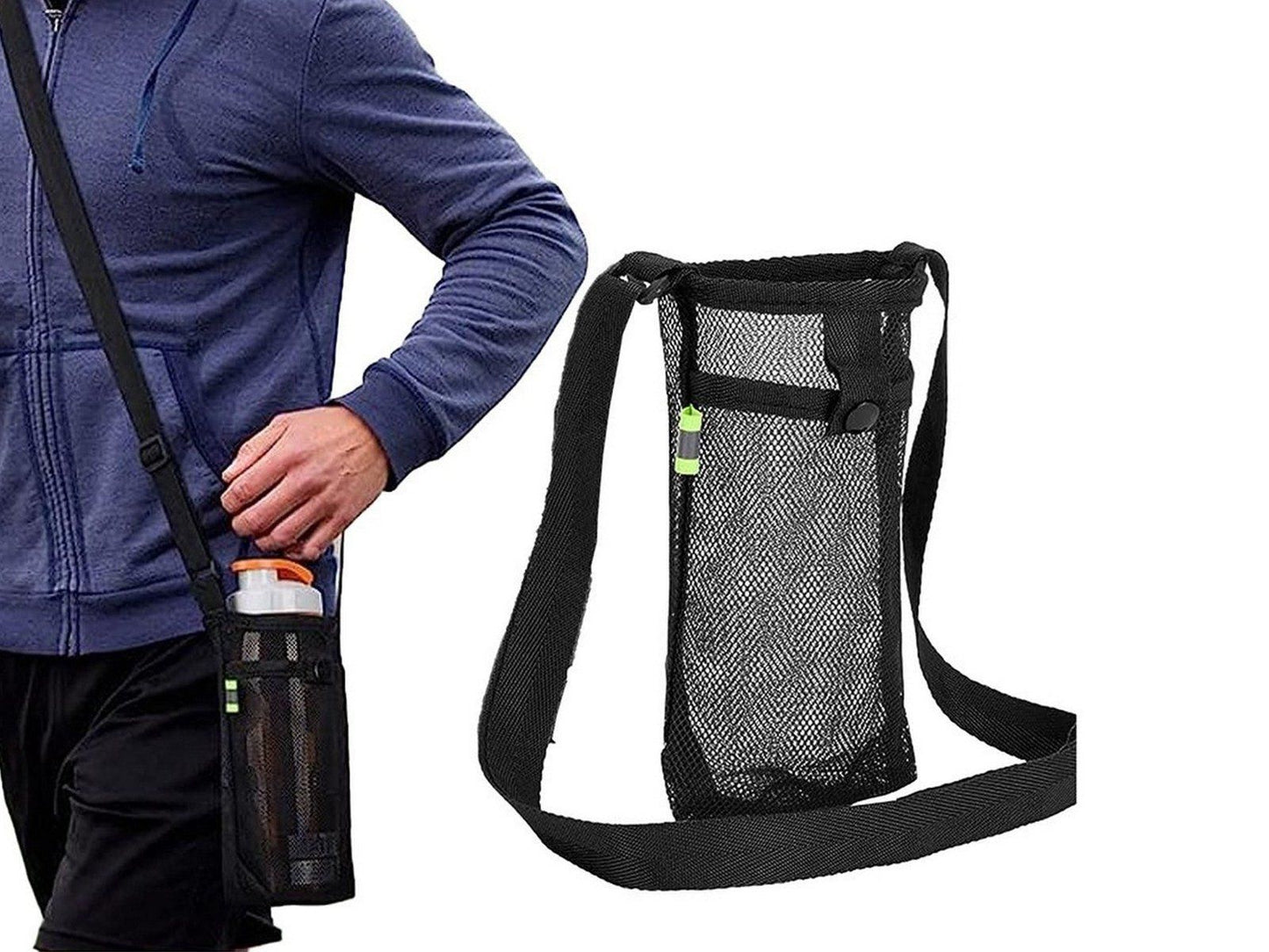 Water Bottle Mesh Carrier Bag Water Bottle Holder with Shoulder Strap Black