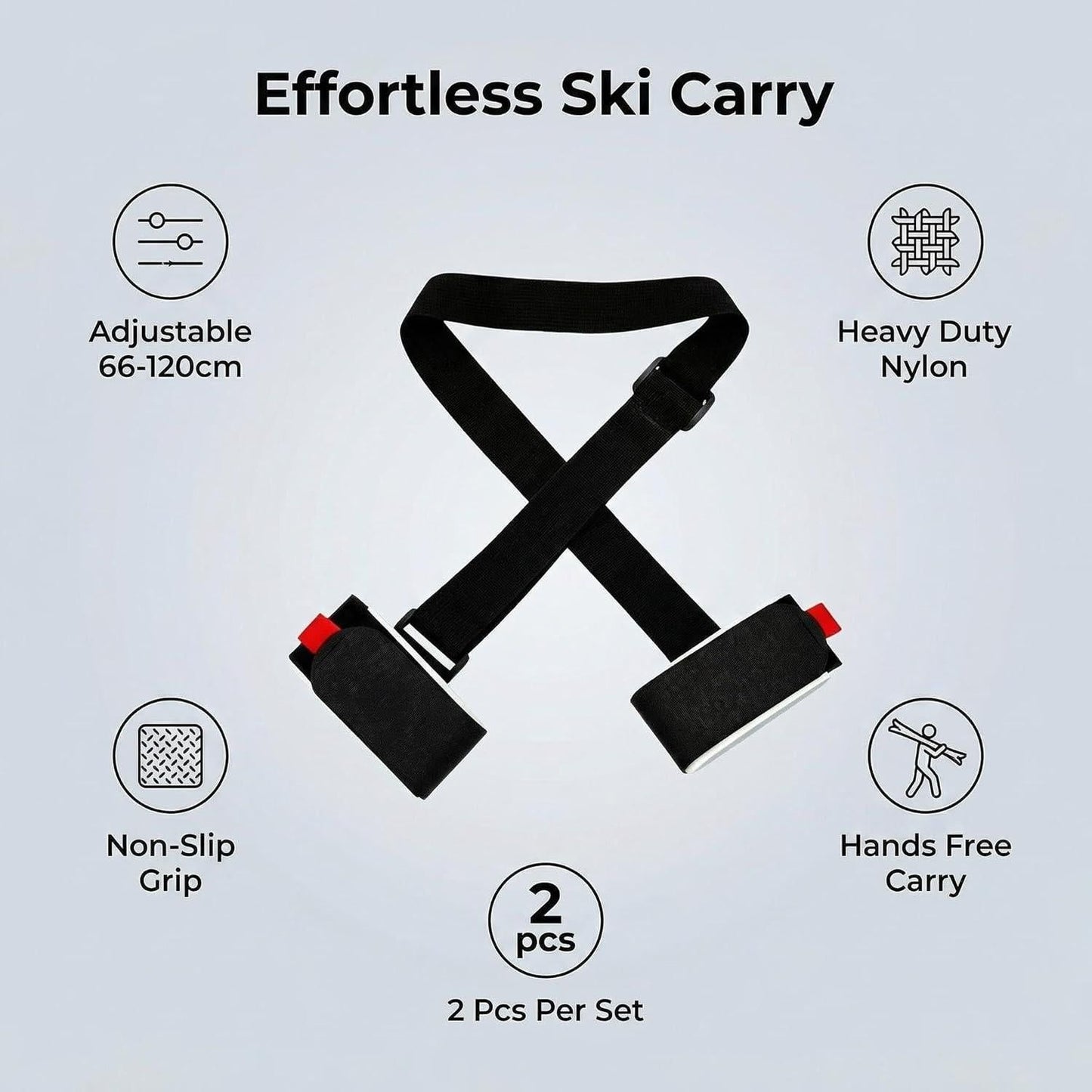 2-Pack Premium Ski and Pole Carrier Straps Adjustable and Cushioned Skiing Shoulder Straps with Hook Fasteners for Adults, Durable Nylon Ski and Snowboard Protection with Comfort Cushions