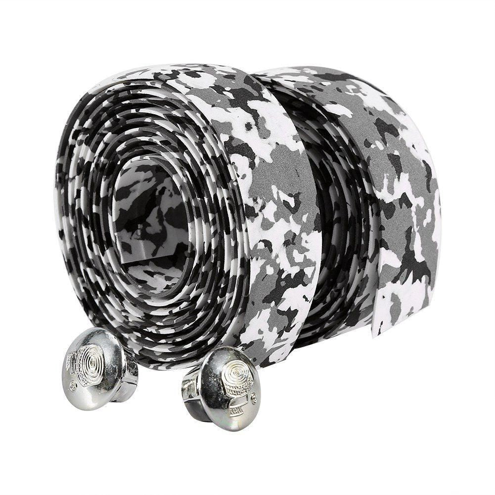 2pcs Bicycle Handlebar Anti-slip Grip Wrap Tape + 2 Bar Plugs Black+White