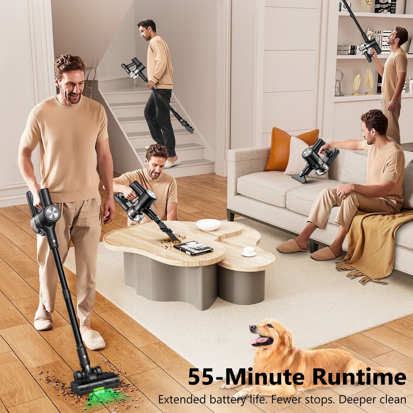 Cordless Vacuum Cleaner, 55Kpa/55Mins Vacuum Cleaners for Home. Self-Standing Stick Vacuum with Rechargeable Dock，LED Display & Anti-Tangle，Lightweight Rechargeable Vacuum for Carpet，Floor