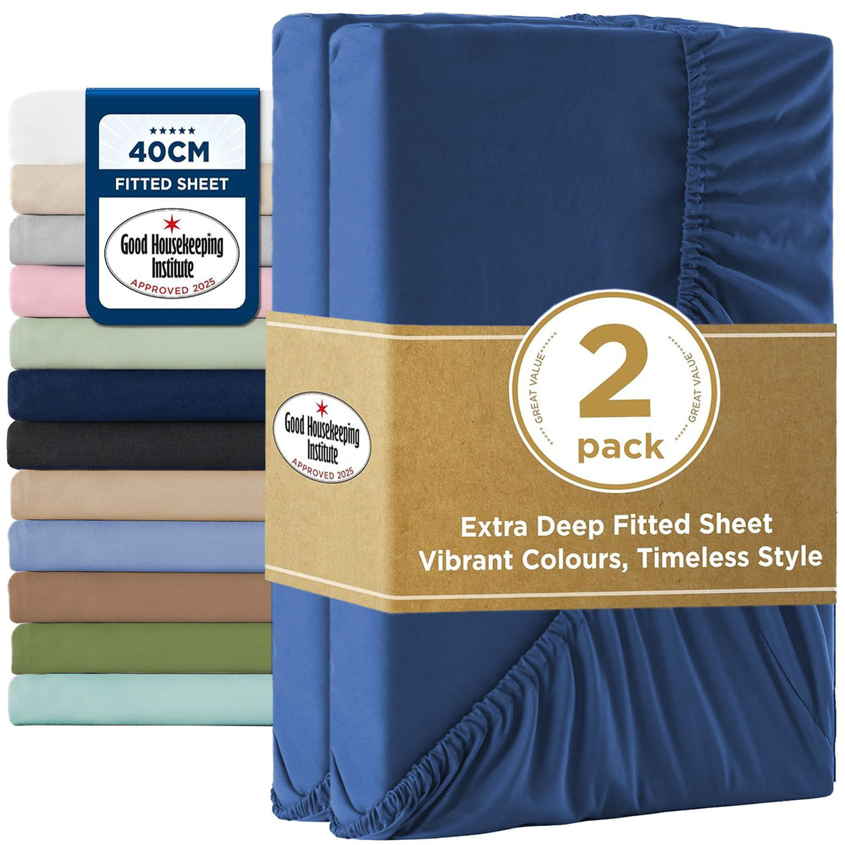 2000TC Hotel Quality Fitted Sheets - 2 Piece Fitted Sheets  -Breathable Bedding - Wrinkle, Fade, Stain Resistant- 16inch/40cm Deep Pocket Fitted Bed Sheets-Wrinkle and Fade Resistant,(Royal blue,King)