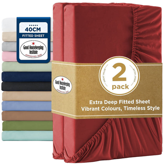 2000TC Hotel Quality Fitted Sheets - 2 Piece Fitted Sheets  -Breathable Bedding - Wrinkle, Fade, Stain Resistant- 16inch/40cm Deep Pocket Fitted Bed Sheets-Wrinkle and Fade Resistant,(Red,Queen)