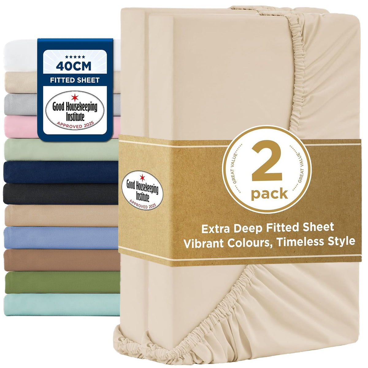 2000TC Hotel Quality Fitted Sheets - 2 Piece Fitted Sheets  -Breathable Bedding - Wrinkle, Fade, Stain Resistant- 16inch/40cm Deep Pocket Fitted Bed Sheets-Wrinkle and Fade Resistant,(Cream White,Queen)