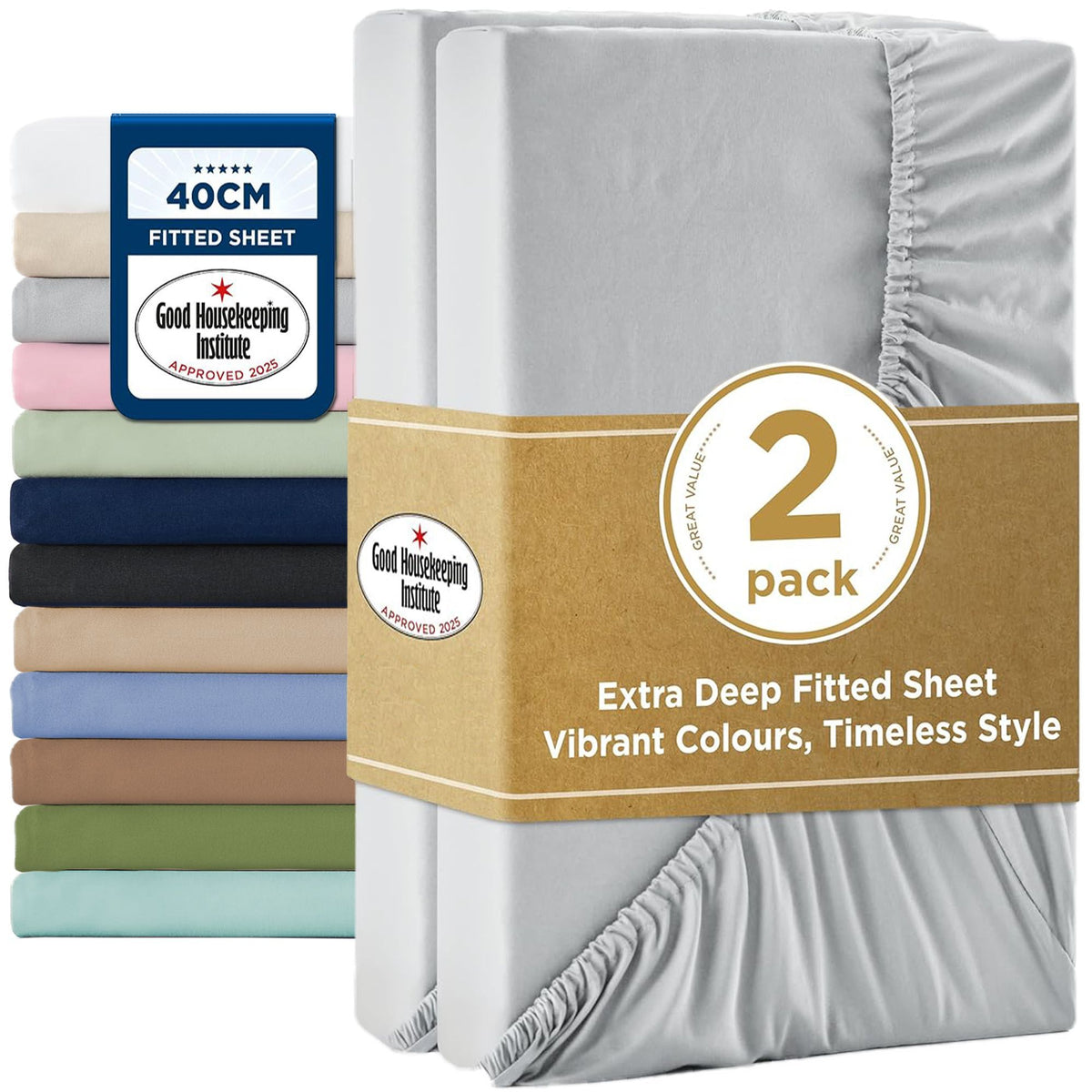 2000TC Hotel Quality Fitted Sheets - 2 Piece Fitted Sheets  -Breathable Bedding - Wrinkle, Fade, Stain Resistant- 16inch/40cm Deep Pocket Fitted Bed Sheets-Wrinkle and Fade Resistant,(Silver-gray,Queen)
