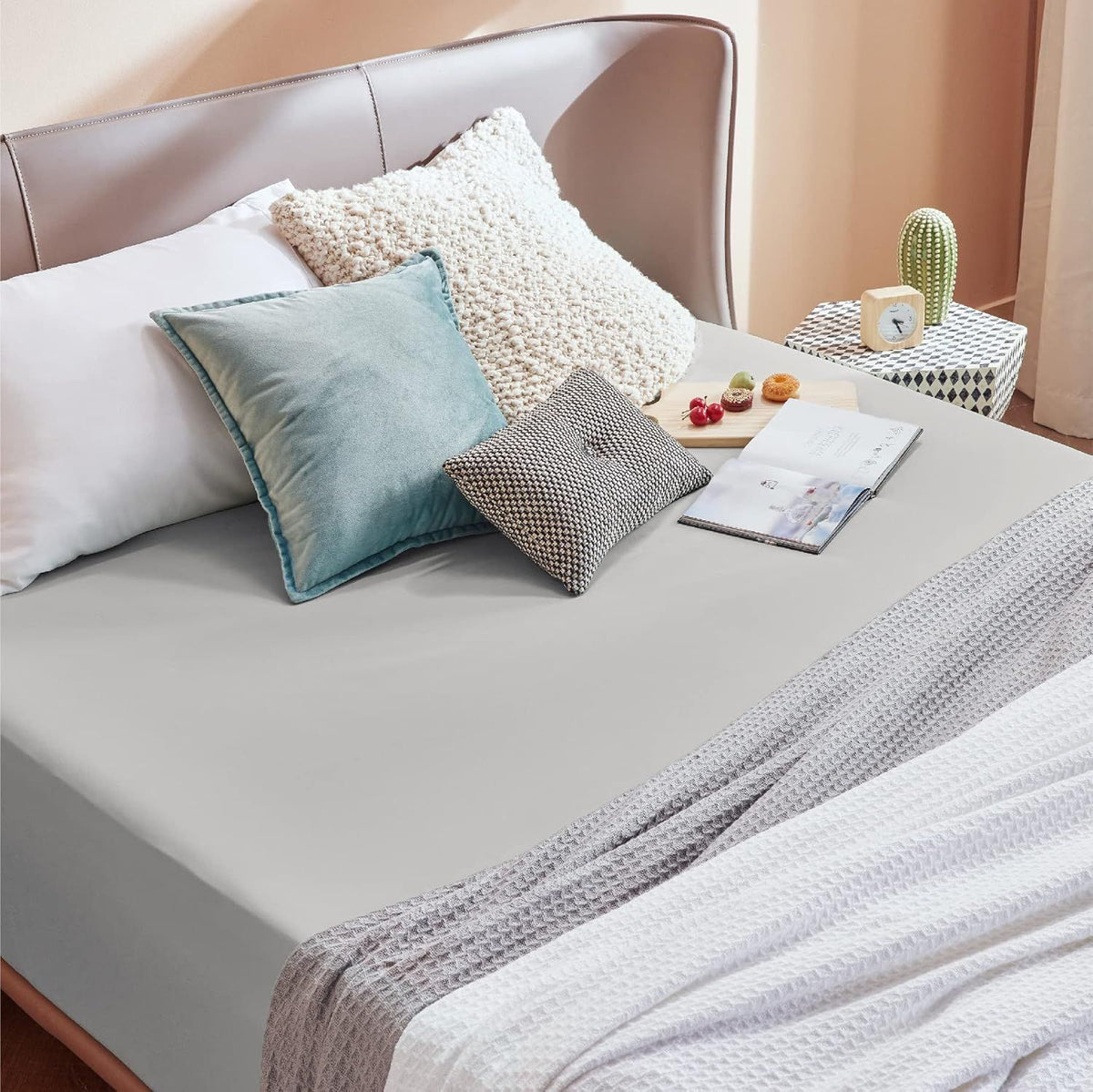 2000TC Hotel Quality Fitted Sheets - 2 Piece Fitted Sheets  -Breathable Bedding - Wrinkle, Fade, Stain Resistant- 16inch/40cm Deep Pocket Fitted Bed Sheets-Wrinkle and Fade Resistant,(Silver-gray,Queen)