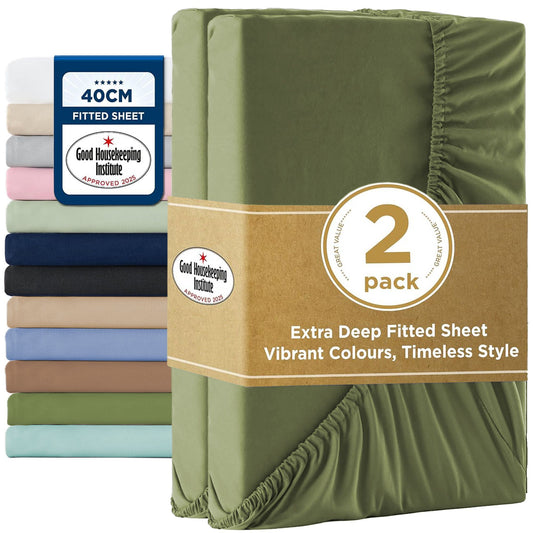 2000TC Hotel Quality Fitted Sheets - 2 Piece Fitted Sheets  -Breathable Bedding - Wrinkle, Fade, Stain Resistant- 16inch/40cm Deep Pocket Fitted Bed Sheets-Wrinkle and Fade Resistant,(Olive green,Single)