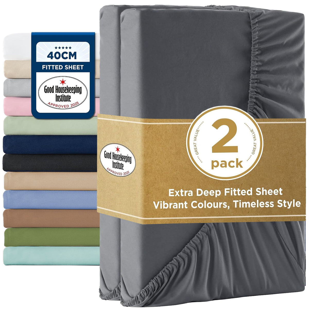2000TC Hotel Quality Fitted Sheets - 2 Piece Fitted Sheets  -Breathable Bedding - Wrinkle, Fade, Stain Resistant- 16inch/40cm Deep Pocket Fitted Bed Sheets-Wrinkle and Fade Resistant,(Dark gray,Single)