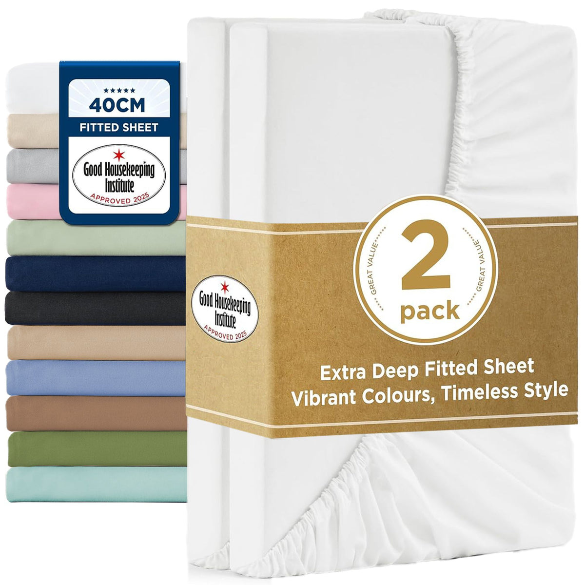 2000TC Hotel Quality Fitted Sheets - 2 Piece Fitted Sheets  -Breathable Bedding - Wrinkle, Fade, Stain Resistant- 16inch/40cm Deep Pocket Fitted Bed Sheets-Wrinkle and Fade Resistant,(White,Super King)
